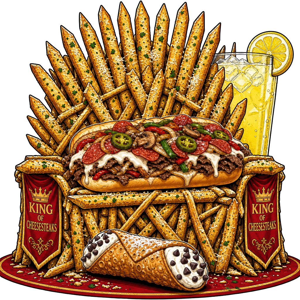 A cartoon Iron Throne parody made entirely of sword-like garlic parmesan fries, with a loaded open-top cheesesteak resting across the seat, a cannoli at the foot, and a glass of lemonade behind it